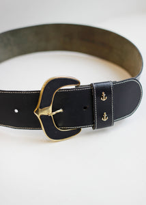 DARK BLUE LEATHER BELT WITH CONTRAST STITCHING